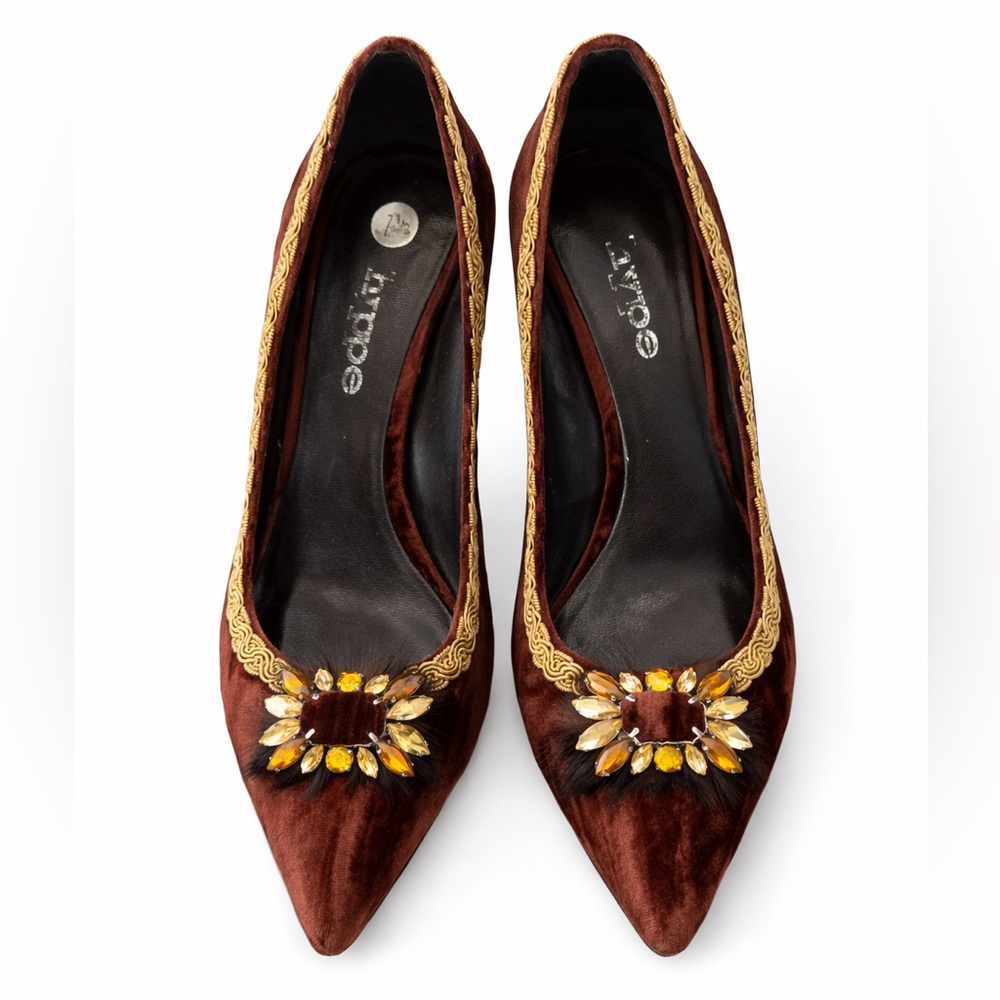 Hype Chocolate Velvet Heels with Gold Accents